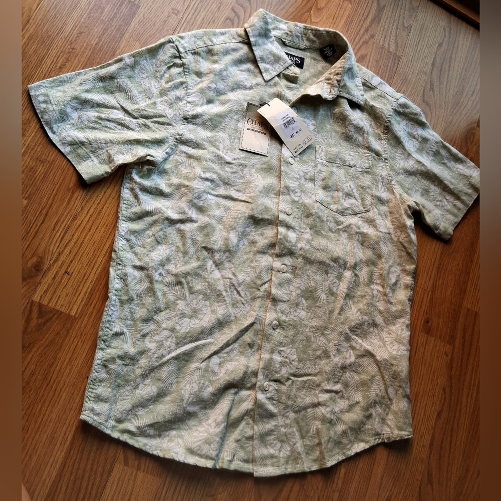 NWT CHAPS Mens Shirt, Hawaiian Style, Pale Green, Print, Sz S Msrp $55